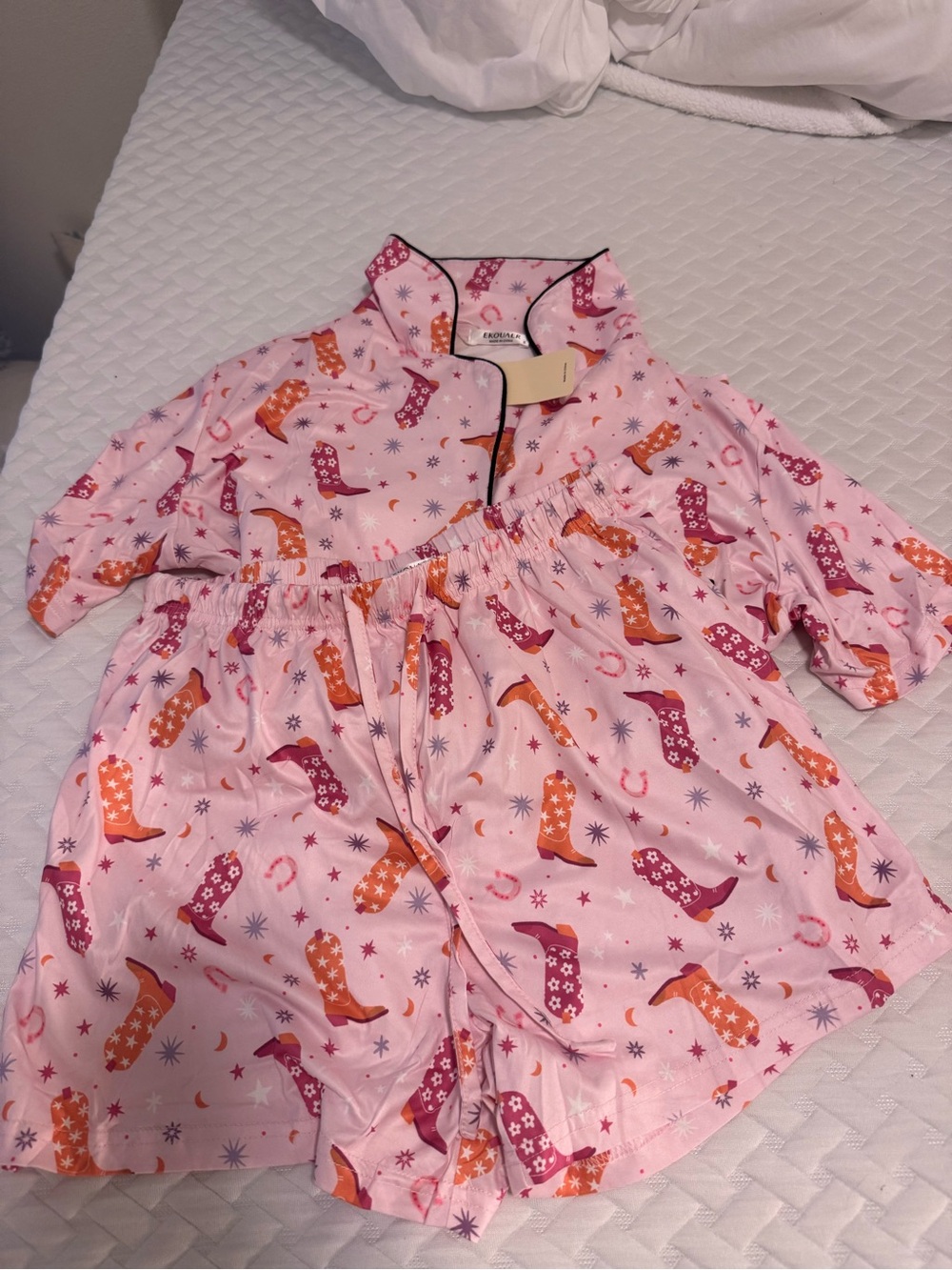 Pink Short Pajama Set with Orange & Pink Cowboy Boots